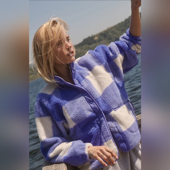 FP Movement Hit The Slopes Printed Fleece Jacket XS Blue Iris Gingham Combo Flaw - Picture 3 of 16